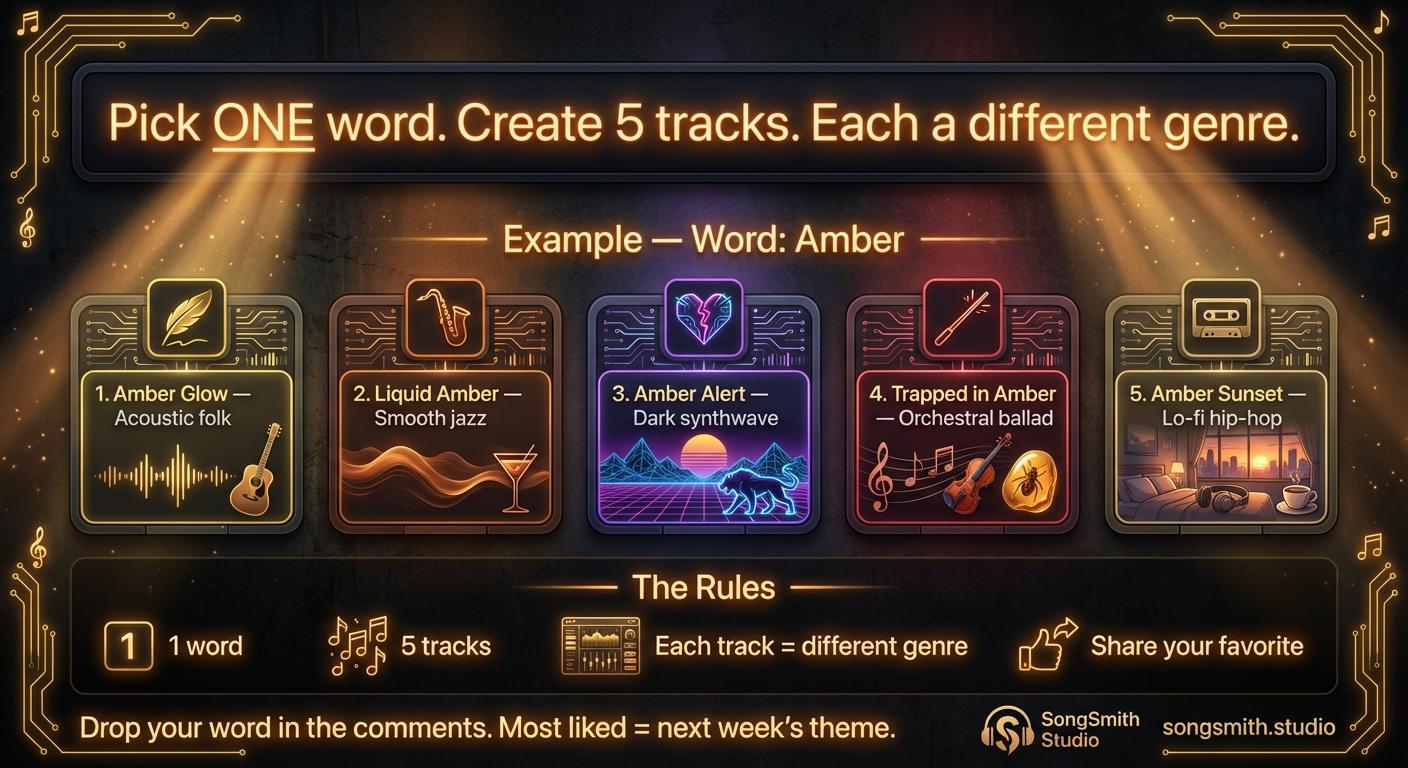 Dark-themed infographic showing creative prompt idea categories: One-Word Themes (Amber, Neon, Frost), Genre Mashups (Lo-fi Jazz, Dark Ambient Synthwave), Storytelling Prompts (A café at midnight, A character meeting), and Emotion Explorations (Nostalgia, Possibility, Longing).