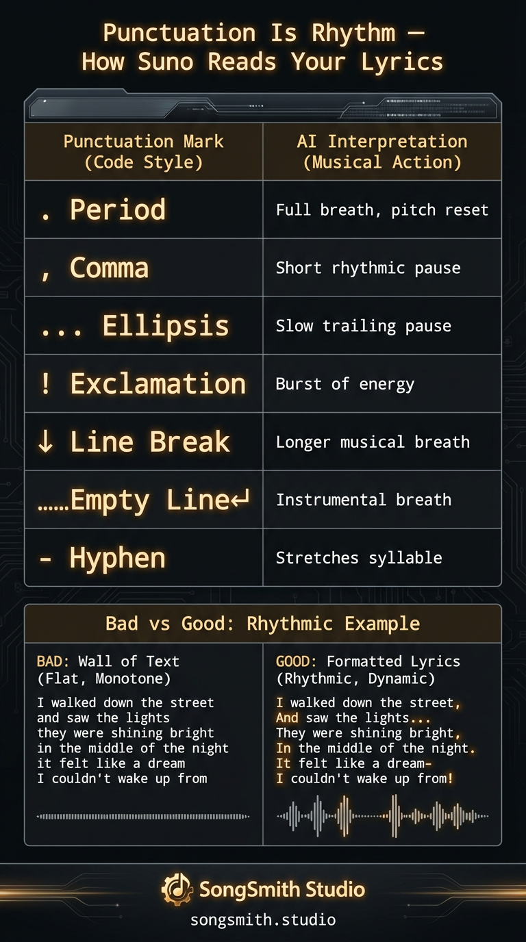 Cheat sheet showing each punctuation mark and how Suno interprets it as a breathing instruction, with example lyrics demonstrating the difference between unformatted and properly punctuated lyrics.