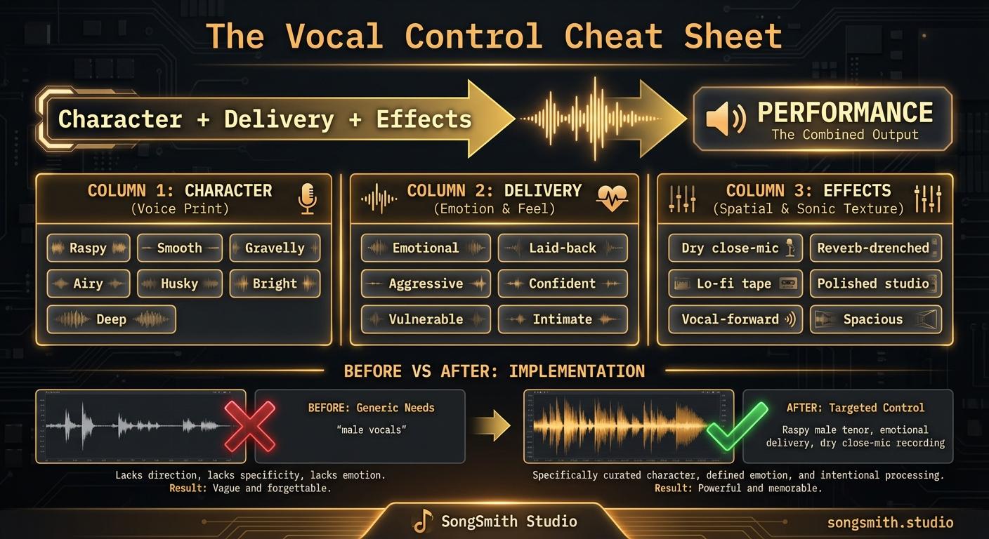 Cheat sheet displaying the 3-layer vocal formula with Character, Delivery, and Effects layers. Shows before-and-after comparison of vague vs. detailed vocal descriptions, with example implementations.
