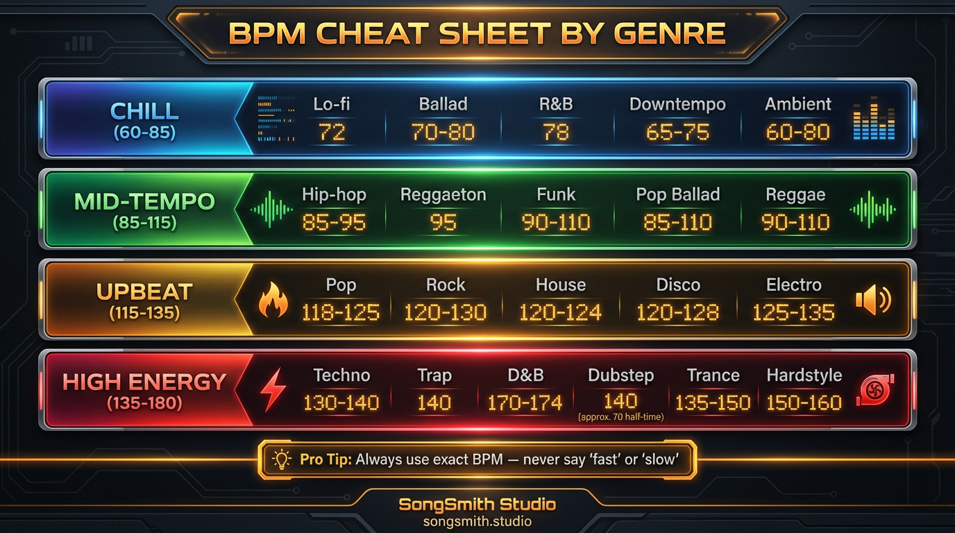 Genre-organized BPM cheat sheet with four color-coded tempo zones: Chill (60-85 BPM), Mid-Tempo (85-115 BPM), Upbeat (115-135 BPM), and High Energy (135-180 BPM). Each zone lists relevant genres with their exact BPM ranges.