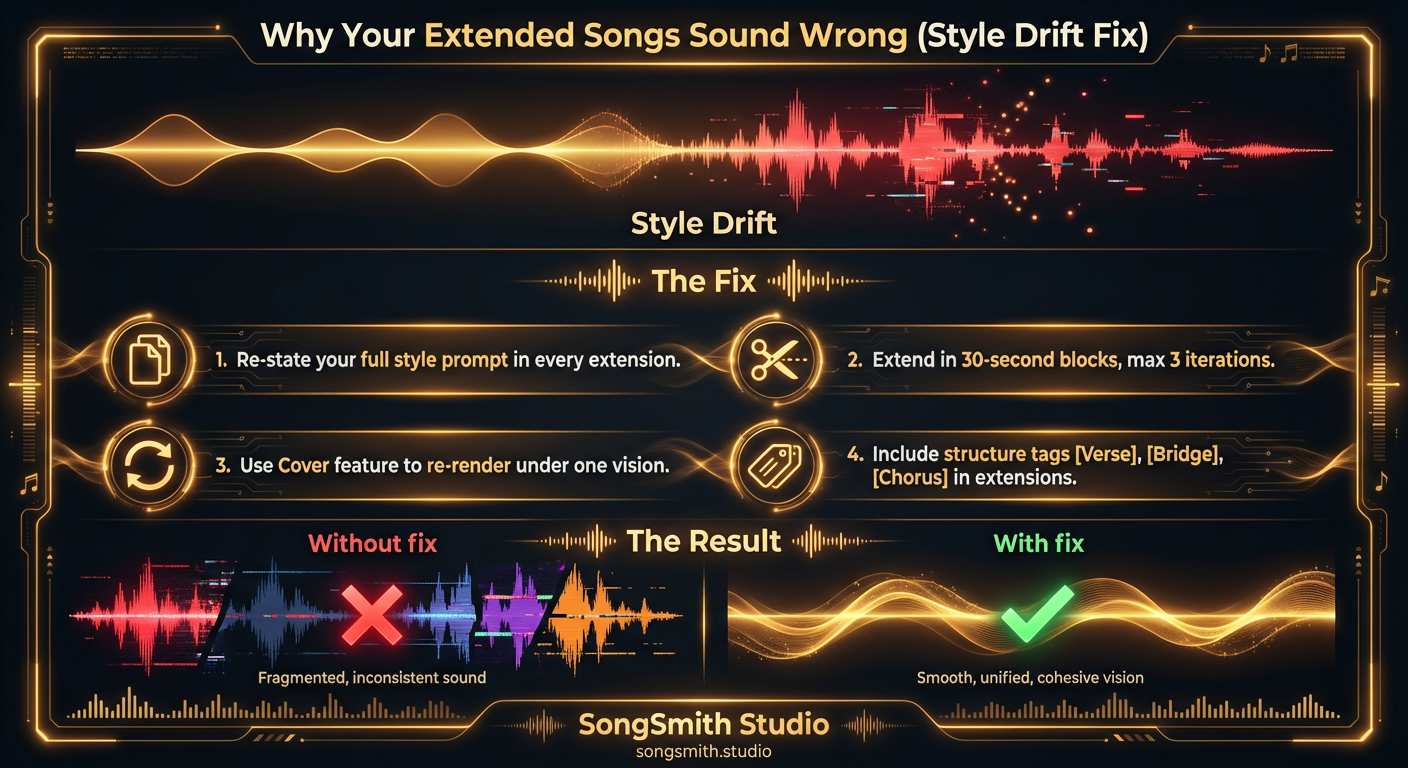 Visual showing a waveform that starts unified (golden) and degrades to fragmented (red) demonstrating style drift. Bottom half shows four fix techniques with icons: copy prompt, extend in blocks, use cover feature, and include structure tags.