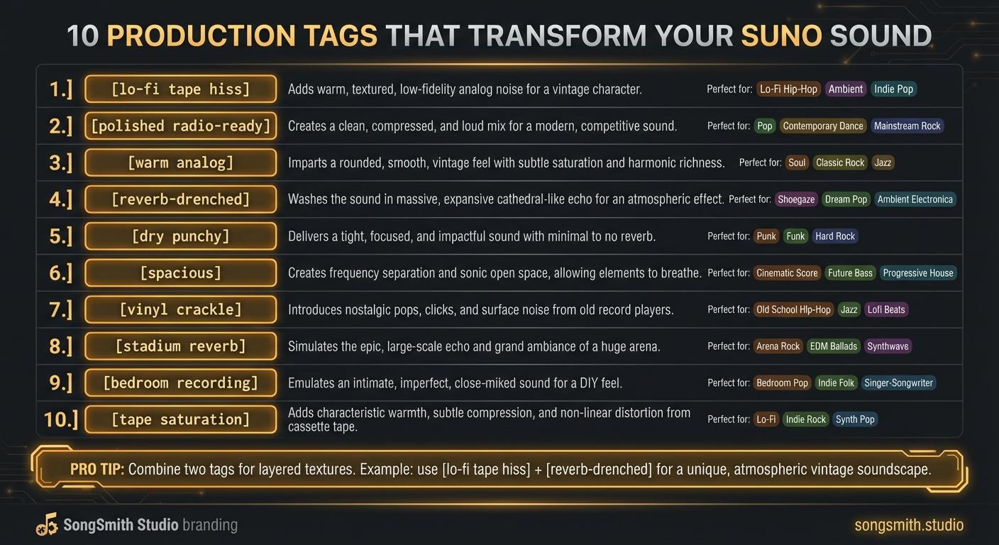 10-row cheat sheet showing each production tag with its description and ideal genres. Each row displays the tag name in bold code-style font with color-coded genre badges (lo-fi, pop, indie, rock, electronic) indicating best use cases.