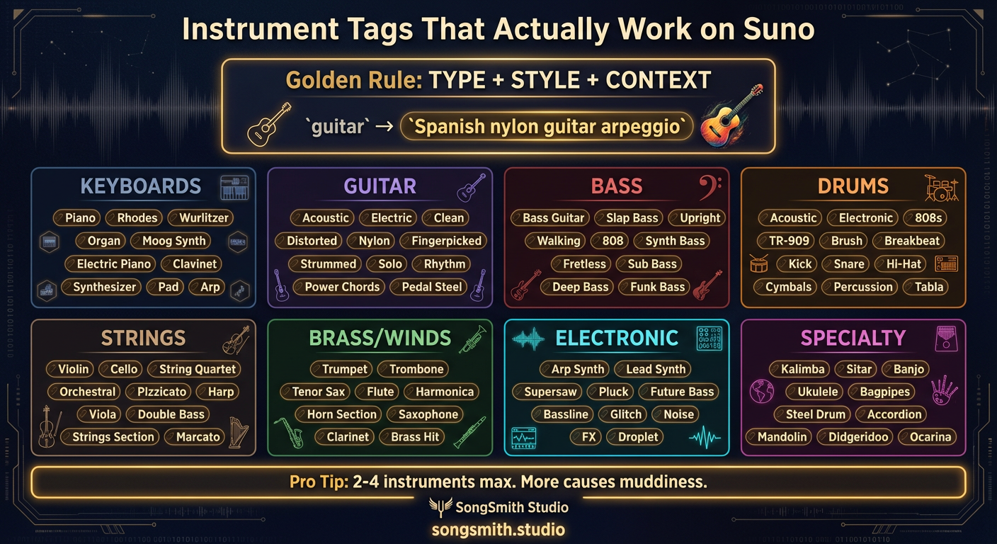 Dark-themed 2x4 grid of instrument category cards. Each card displays a category title and list of specific instrument tags in code-style boxes. Categories include: Keyboards (Piano, Rhodes, Wurlitzer, Organ, Synth Pad), Guitar (Acoustic, Electric, Clean, Distorted, Nylon, Fingerpicked), Bass (Bass Guitar, Slap Bass, Upright, 808), Drums (Acoustic, Electronic, TR-909, Brush), Strings (Violin, Cello, Orchestral, Pizzicato), Brass/Winds (Trumpet, Trombone, Sax, Flute), Electronic (Arp Synth, Lead Synth, Supersaw), and Specialty (Kalimba, Sitar, Banjo, Ukulele). Top banner shows the golden rule: 'TYPE + STYLE + CONTEXT' with before/after example.