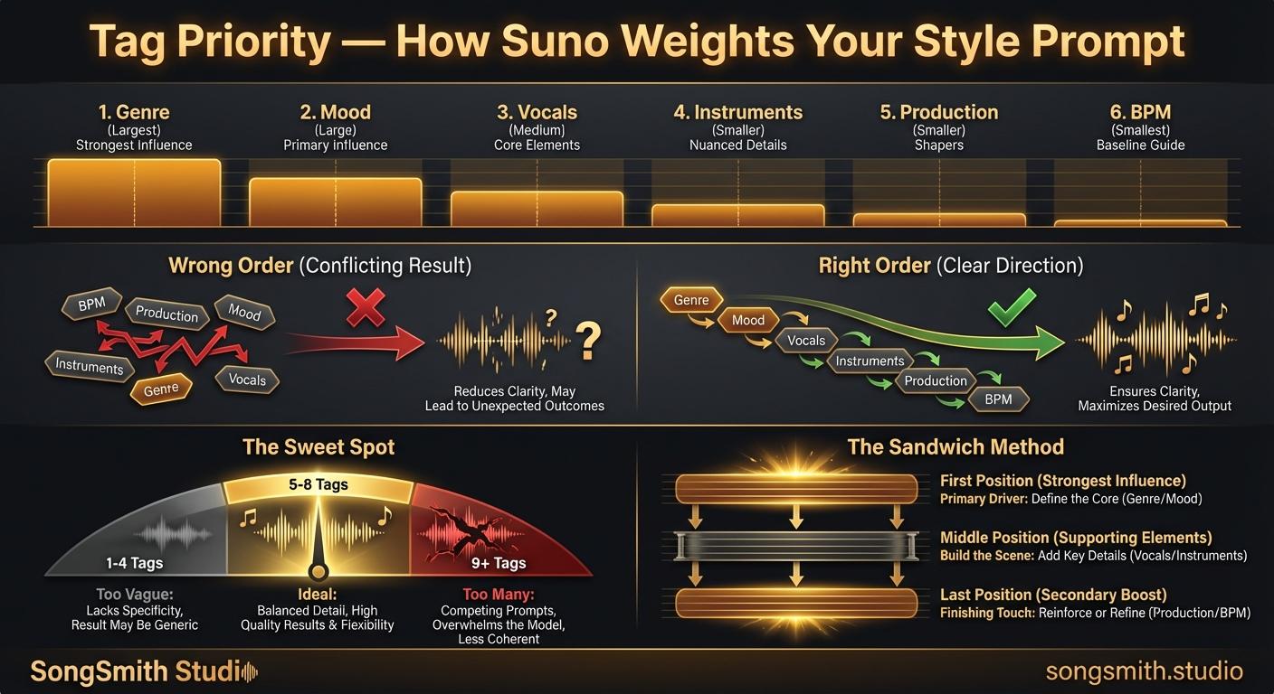Dark-themed infographic showing horizontal bar chart with tag positions 1-6 and decreasing bar sizes representing influence percentages. Position 1 Genre (largest, amber), Position 2 Mood (large), Position 3 Vocals (medium), Position 4 Instruments (smaller), Position 5 Production (smaller), Position 6 BPM (smallest). Middle section shows side-by-side wrong vs right order examples with the same tags rearranged — wrong order has red X, right order has green check. Bottom shows "The Sweet Spot" meter: 1-4 tags (too vague), 5-8 tags (ideal, highlighted in gold), 9+ tags (too many, conflicting).