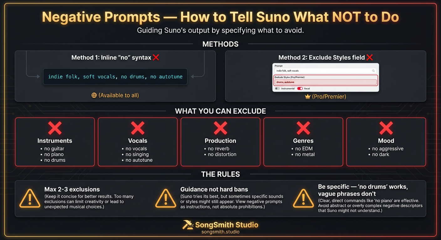 Dark-themed cheat sheet with two method cards at top: Method 1 shows 'Inline no syntax' example in code box with indie folk, soft vocals, no drums, no autotune. Method 2 shows 'Exclude Styles field' with Pro/Premier UI mockup. Middle section shows 5-column grid of exclusion categories with red X icons: Instruments, Vocals, Production, Genres, Mood. Each cell lists specific exclusion examples. Bottom section shows The Rules with 3 key points and warning icons: Max 2-3 exclusions, Guidance not hard bans, Be specific — no drums works, vague phrases don't.