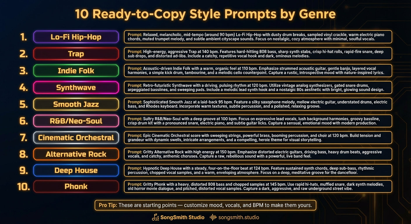 Dark-themed cheat sheet with 10 numbered rows, each showing a genre badge in amber text and the complete style prompt in a code-style monospace box. Genres: 1. Lo-Fi Hip-Hop (purple accent), 2. Trap (red accent), 3. Indie Folk (green accent), 4. Synthwave (neon accent), 5. Smooth Jazz (gold accent), 6. R&B/Neo-Soul (pink accent), 7. Cinematic Orchestral (silver accent), 8. Alternative Rock (orange accent), 9. Deep House (blue accent), 10. Phonk (dark red accent). Each prompt is ready to copy-paste. Bottom shows pro tip: These are starting points — customize mood, vocals, and BPM to make them yours.