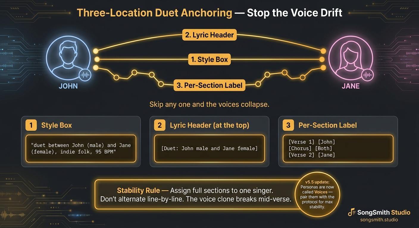 Tutorial infographic titled 'Three-Location Duet Anchoring' showing 3 anchor-point cards (Style Box, Lyric Header, Per-Section Label) with example syntax and a Stability Rule callout.