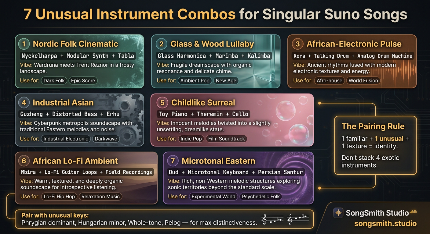 Save-worthy infographic listing 7 unusual instrument combos (Nordic Folk, Glass & Wood Lullaby, African-Electronic, Industrial Asian, Childlike Surreal, African Lo-Fi, Microtonal Eastern) with vibe descriptors.