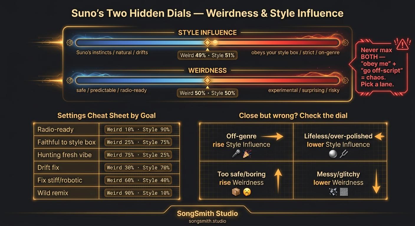 Dark infographic titled 'Suno's Two Hidden Dials' showing the Style Influence and Weirdness sliders with what each end does, a settings cheat sheet by goal, a 'close but wrong? check the dial' diagnostic grid, and a warning never to max both.