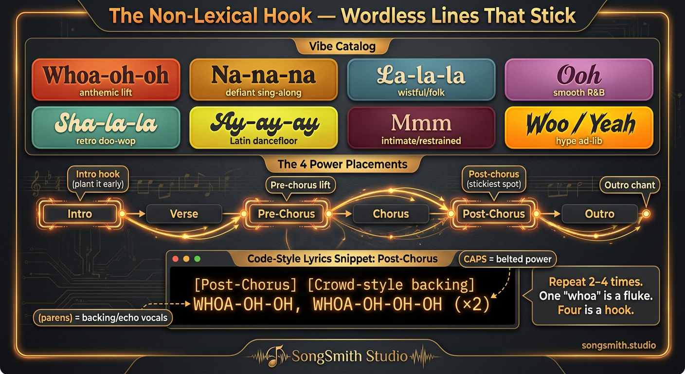 Infographic titled 'The Non-Lexical Hook' with a vibe catalog of eight wordless hooks (whoa-oh-oh, na-na-na, la-la-la, ooh, sha-la-la, ay-ay-ay, mmm, woo/yeah), a song timeline marking the four power placements, and a post-chorus lyrics snippet.