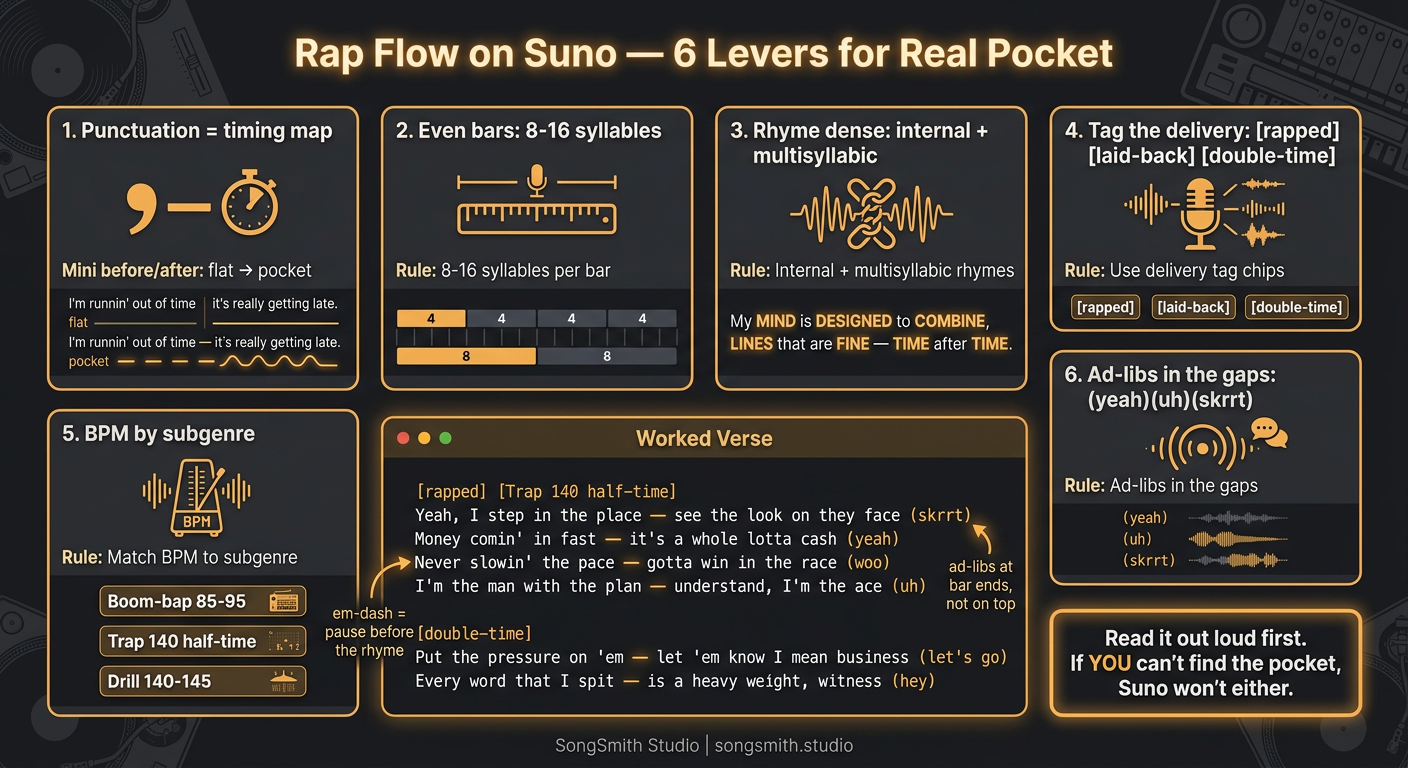 Infographic titled 'Rap Flow on Suno: 6 Levers for Real Pocket' with cards for punctuation as a timing map, even 8-16 syllable bars, dense internal rhyme, delivery tags, BPM by subgenre and ad-libs in the gaps, around a worked trap verse.