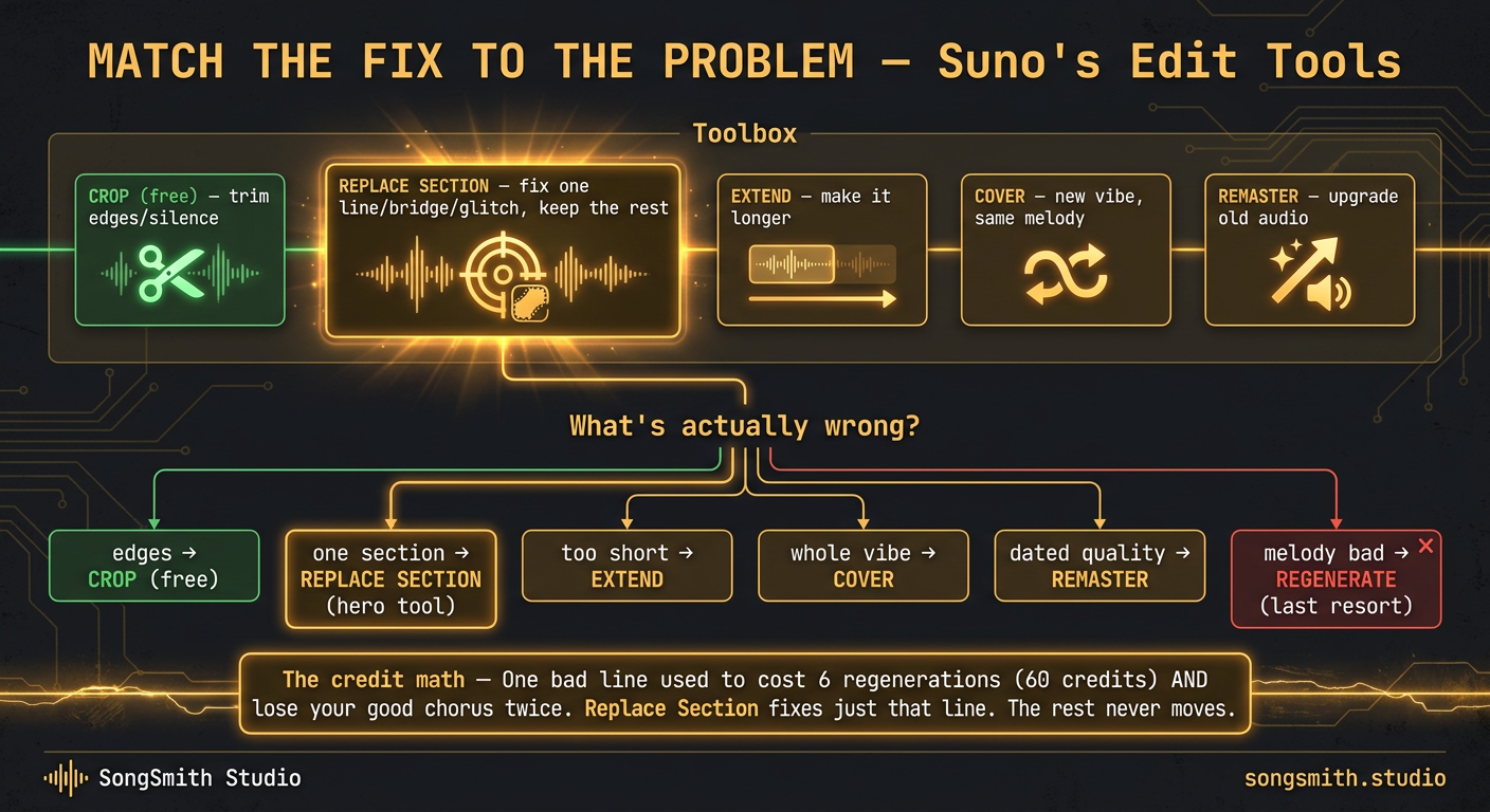 Infographic titled 'Match the Fix to the Problem: Suno's Edit Tools' with a toolbox of Crop, Replace Section (highlighted), Extend, Cover and Remaster, a 'what's actually wrong?' decision tree, and a credit-math callout.