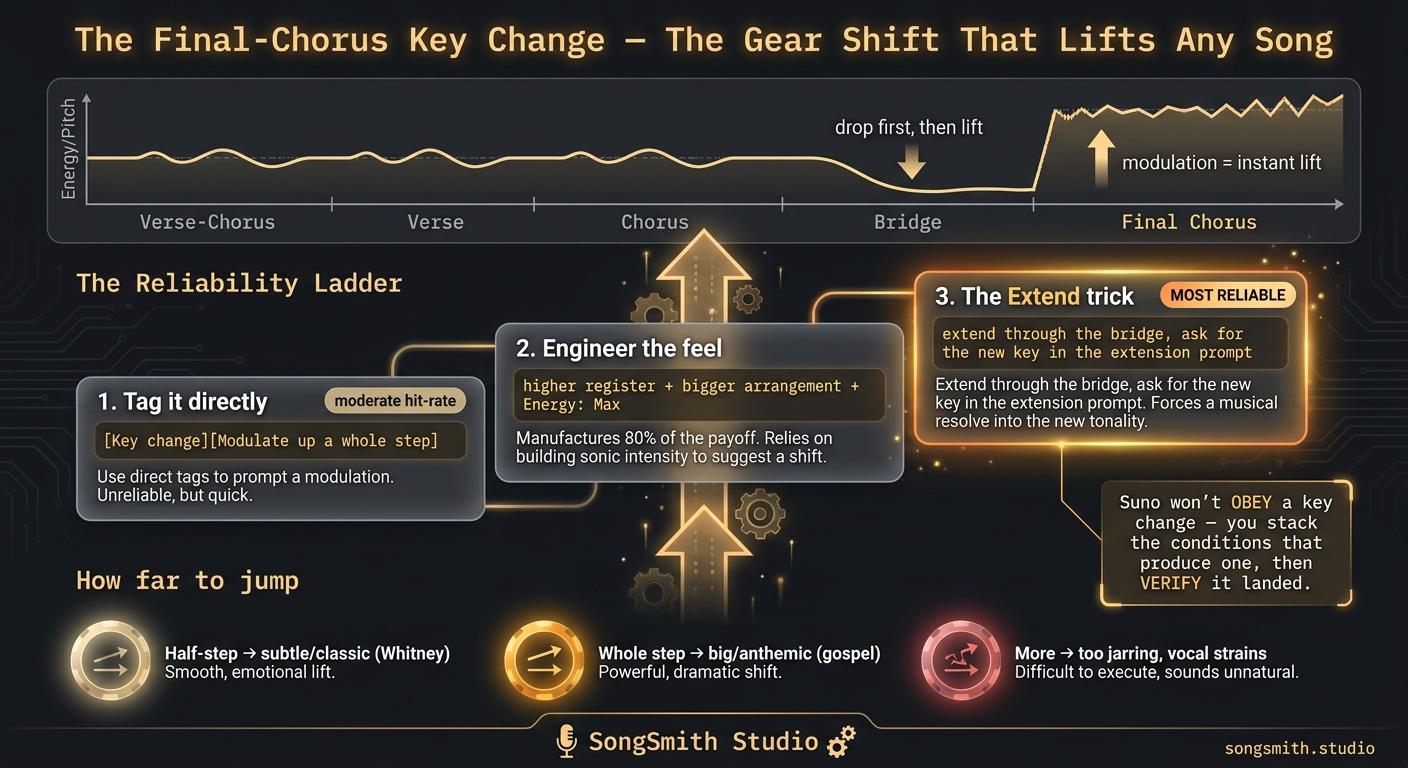 Infographic titled 'The Final-Chorus Key Change' with an energy curve that drops at the bridge and lifts at the final chorus, a three-step reliability ladder (tag it, engineer the feel, the Extend trick), and how far to jump.
