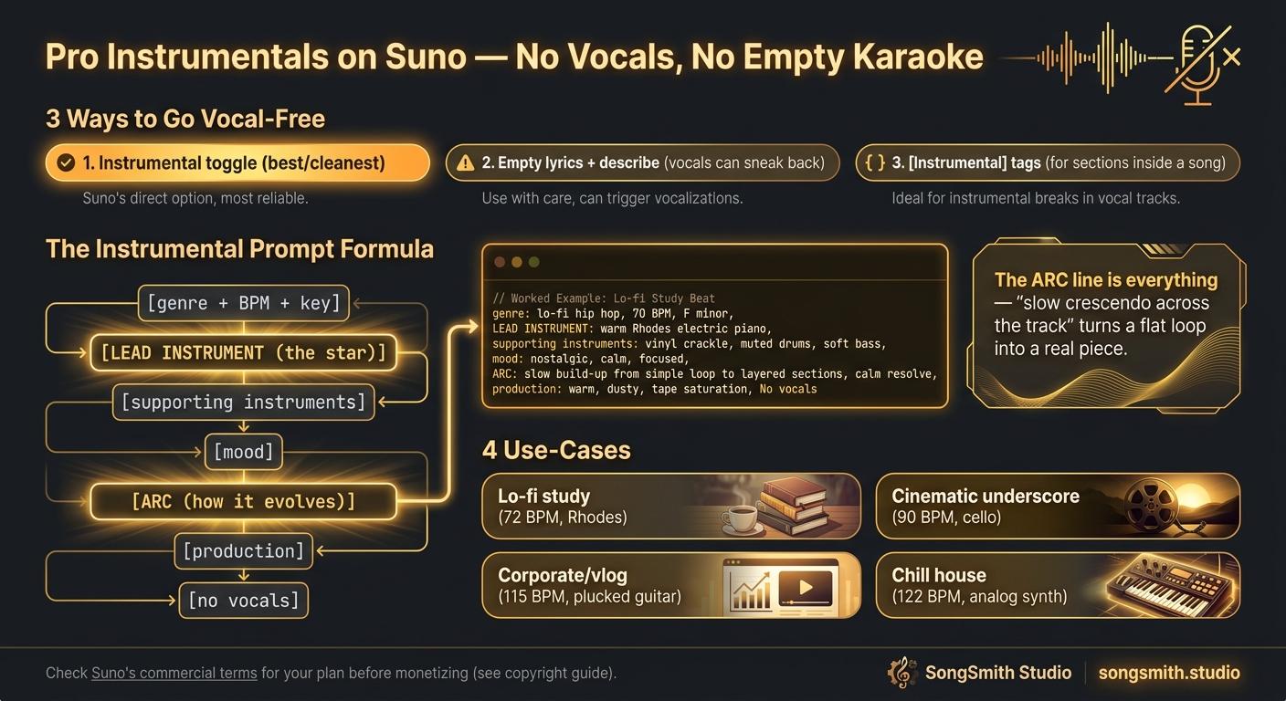 Infographic titled 'Pro Instrumentals on Suno' showing three ways to go vocal-free, the instrumental prompt formula as a flow (genre, lead instrument, supporting instruments, mood, arc, production, no vocals), a worked lo-fi example and four use-case cards.