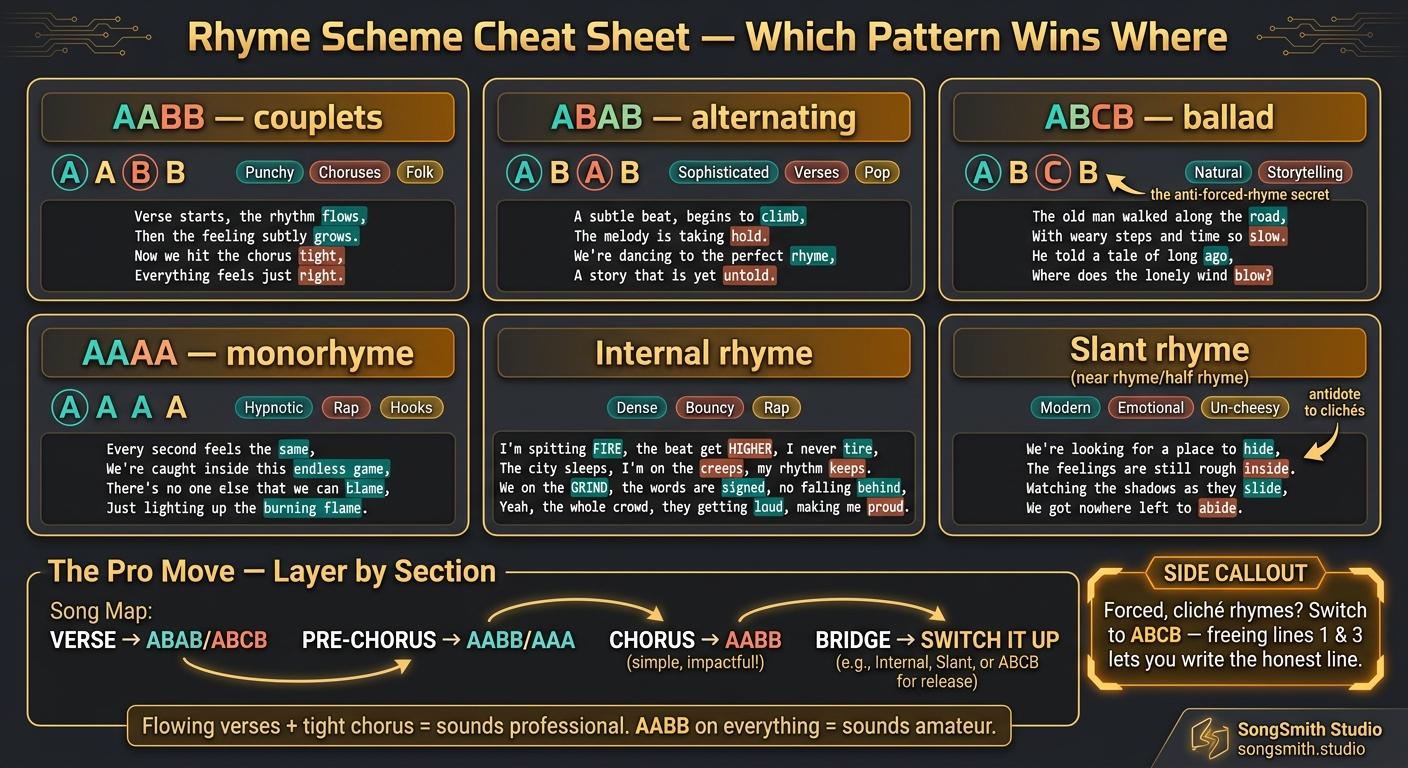 Dark reference infographic titled 'Rhyme Scheme Cheat Sheet' with six pattern cards (AABB, ABAB, ABCB, AAAA, internal rhyme, slant rhyme), each with a colour-coded four-line example, above a song map showing which scheme to use for verse, pre-chorus, chorus and bridge.