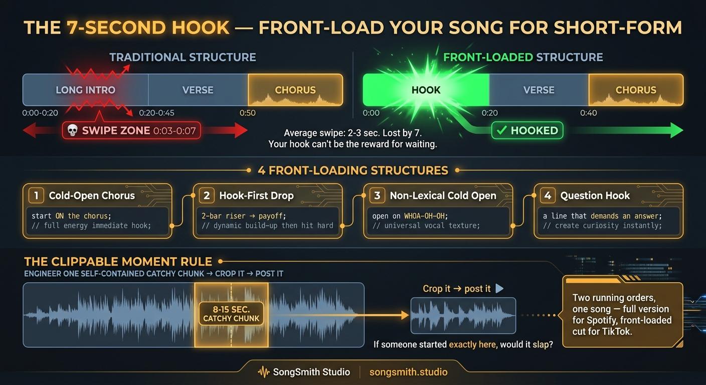 Dark strategy infographic titled 'The 7-Second Hook' contrasting a traditional song timeline with the chorus at 0:50 against a front-loaded timeline with the hook at 0:00, four front-loading structure cards, and the clippable-moment rule.