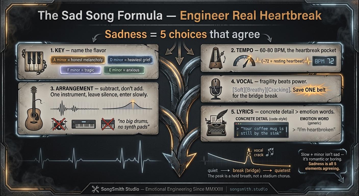 Dark emotional-craft infographic titled 'The Sad Song Formula' showing five stacked element cards (key, tempo, arrangement, vocal, lyrics) all pointing down a shared arrow, with a dynamics curve captioned 'the peak is a held breath, not a stadium chorus'.